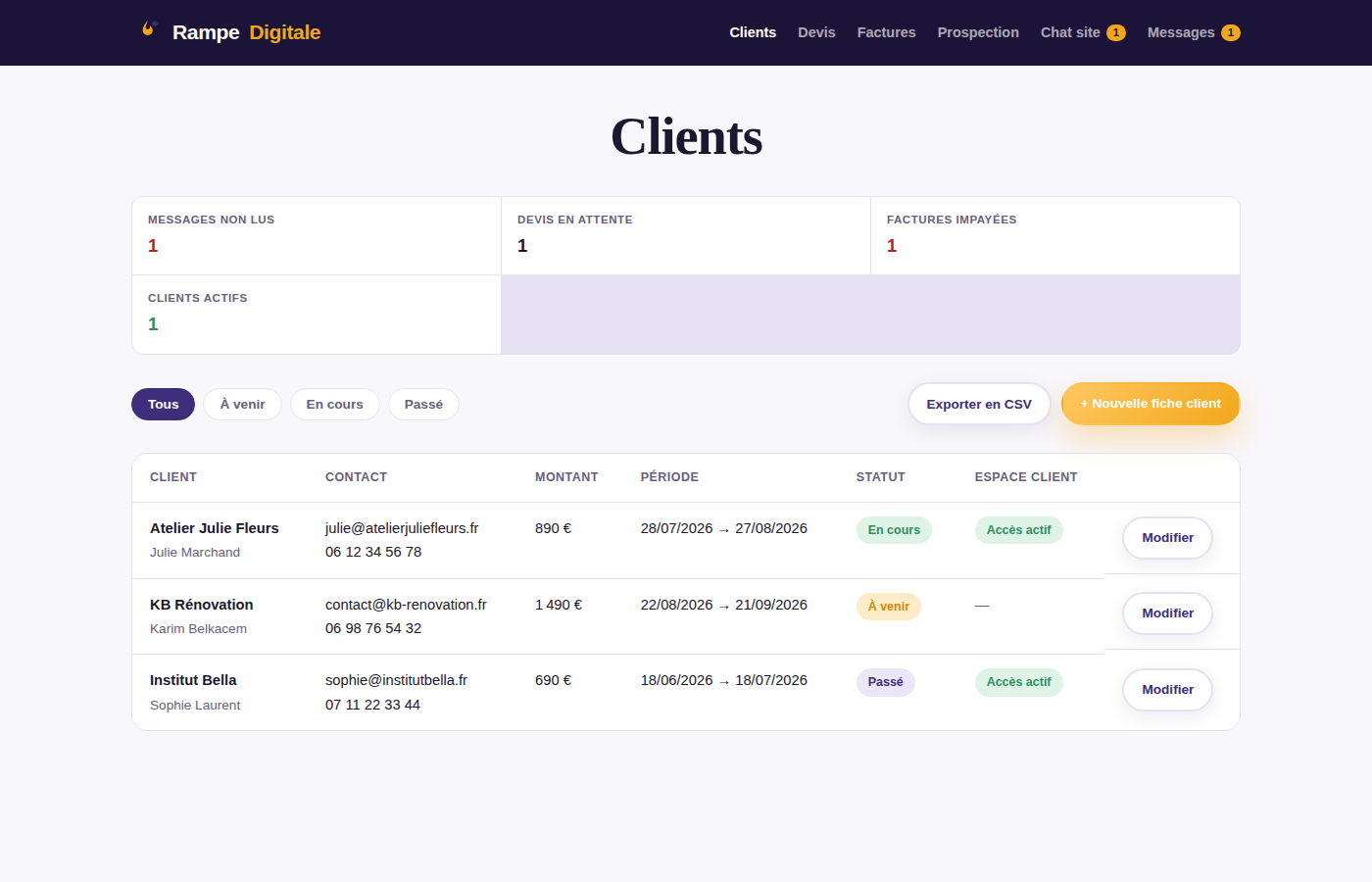 Aperçu de l'interface de gestion Rampe Digitale : liste de clients avec statuts, montants et accès à l'espace client