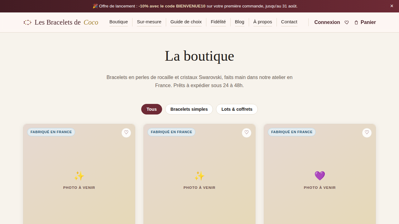 Page boutique du site Les Bracelets de Coco avec filtres par catégorie et fiches produits