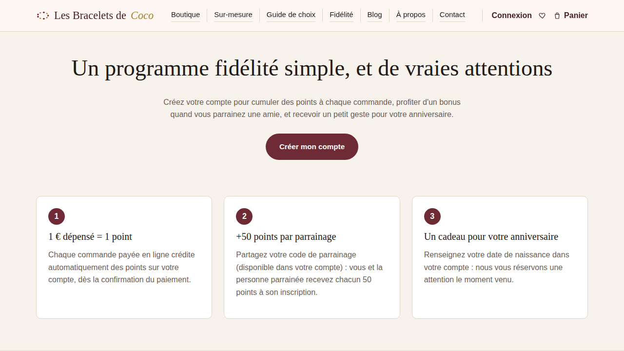 Page du programme de fidélité du site Les Bracelets de Coco