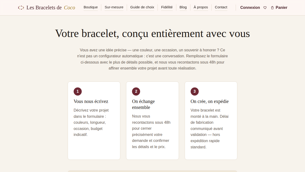 Formulaire de demande sur-mesure du site Les Bracelets de Coco