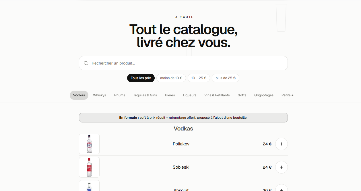 Page catalogue du site Allo57Apéro avec filtres par prix et catégories