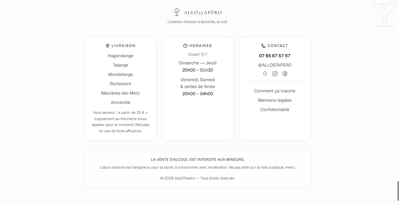 Pied de page du site Allo57Apéro avec zones de livraison, horaires et contact