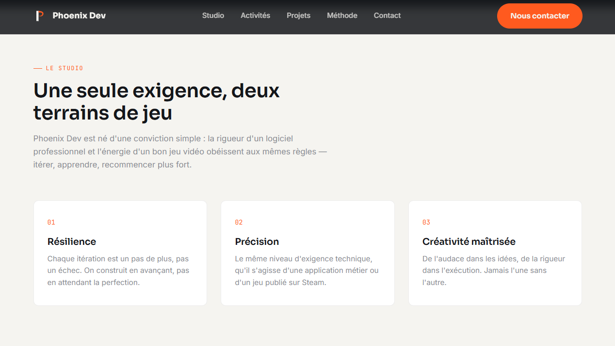 Section valeurs du site Phoenix Dev : résilience, précision, créativité maîtrisée