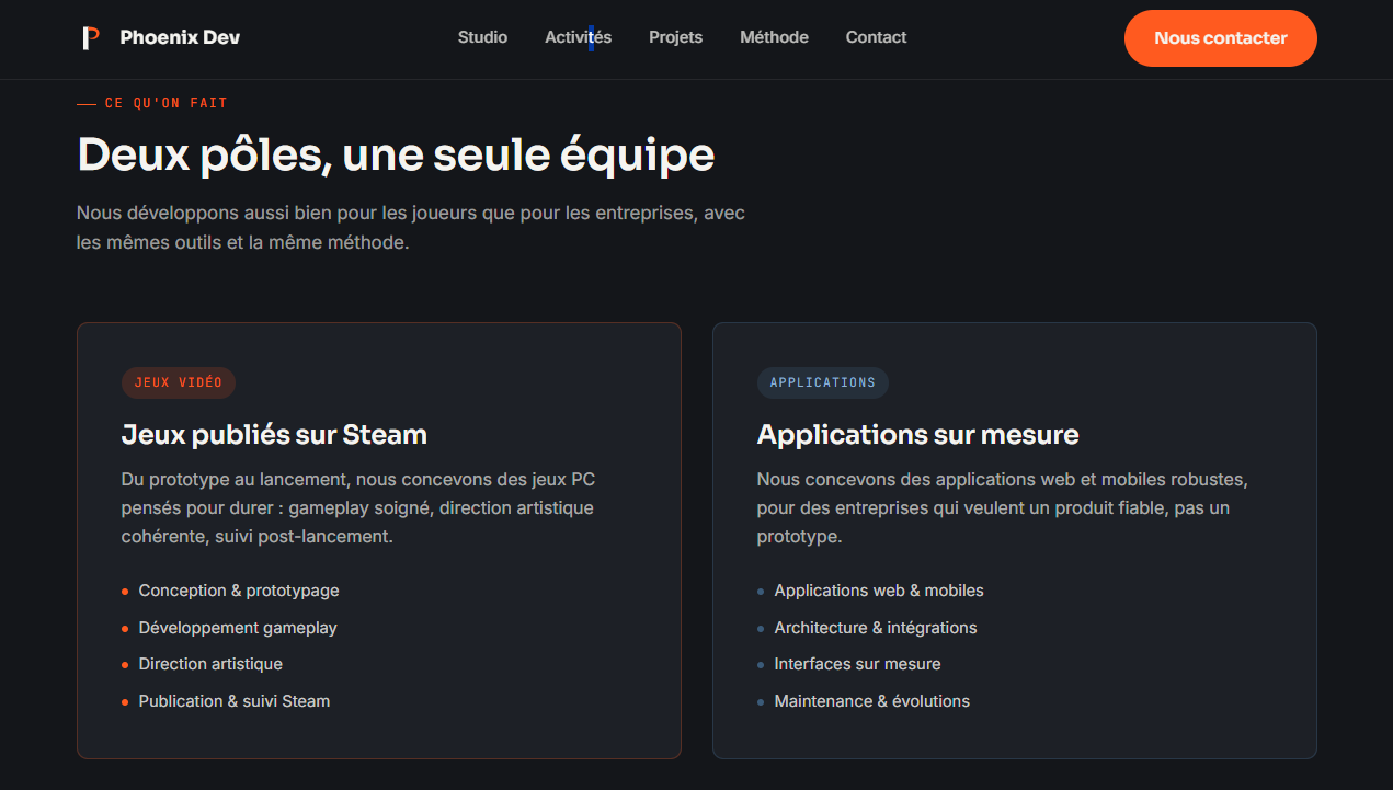 Section activités du site Phoenix Dev : jeux vidéo Steam et applications sur mesure